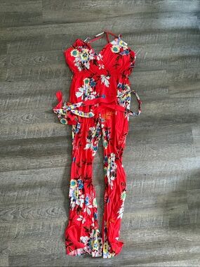 Red Floral Spaghetti-Strap Wide-Leg Jumpsuit